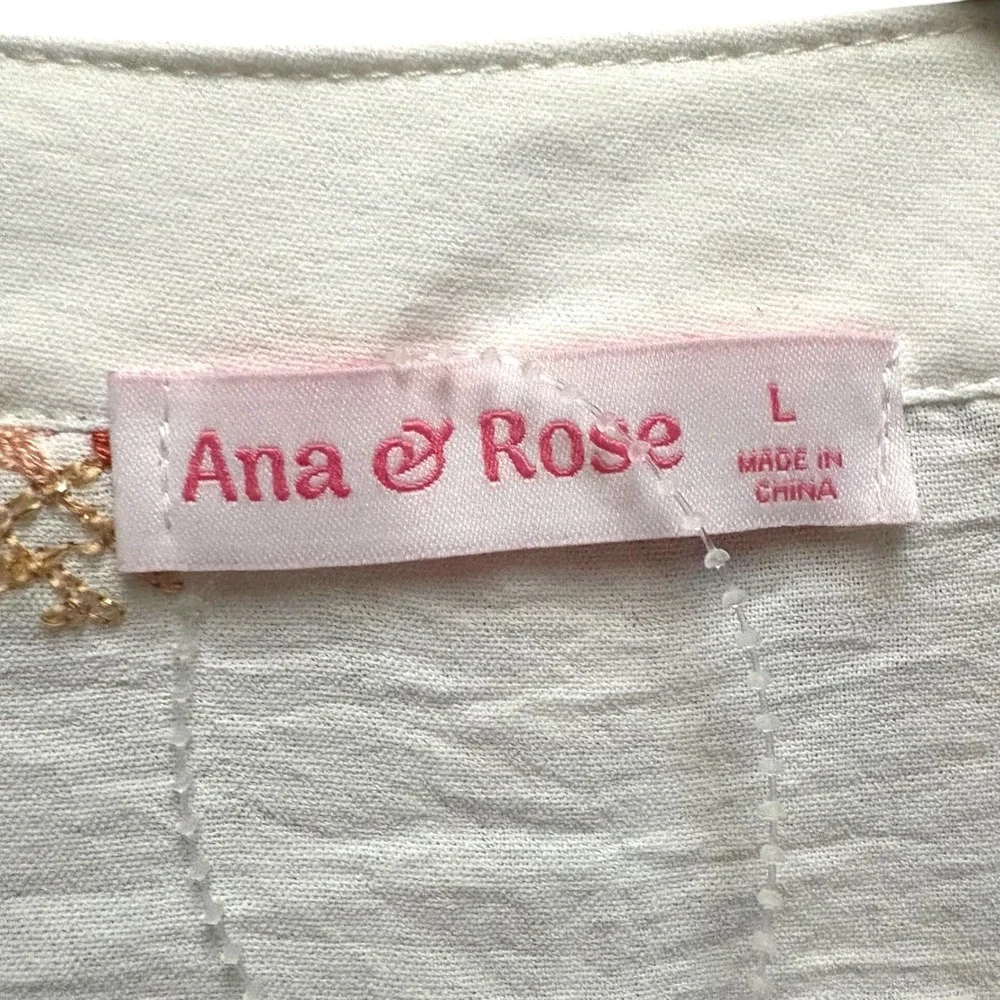 Ana & Rose White Floral Embroidered Button Down Blouse Roll Tab Sleeve Large NEW - Picture 6 of 7